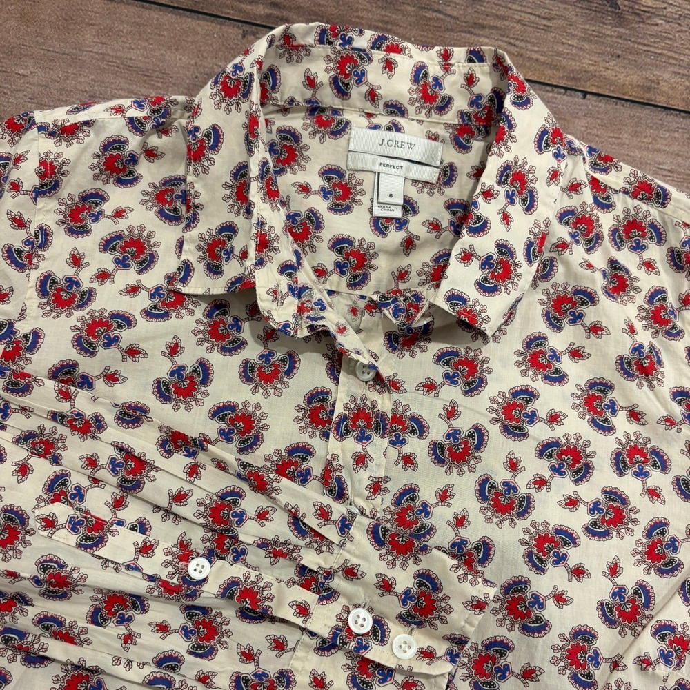 J.Crew Perfect Shirt Womens 6 Red Blue Floral Cotton Button Down 04537 FA13